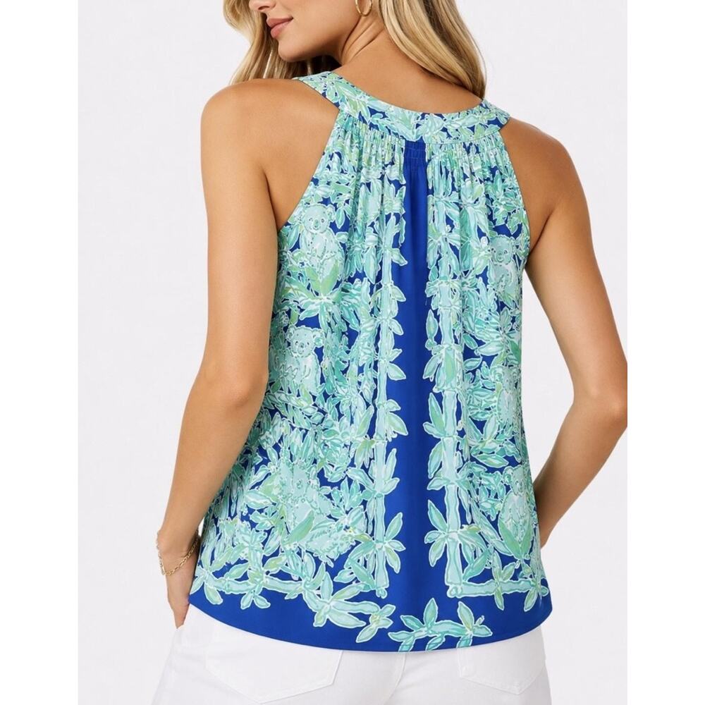 Lilly Pulitzer Top Womens Large Blue Green Silk Halter Tunic Sleeveless Tropical - Picture 2 of 9